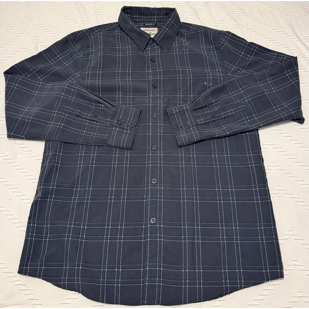 Oakley Software Forged Goods Plaid Shirt Mens Large Regular Fit Blue Embroidered